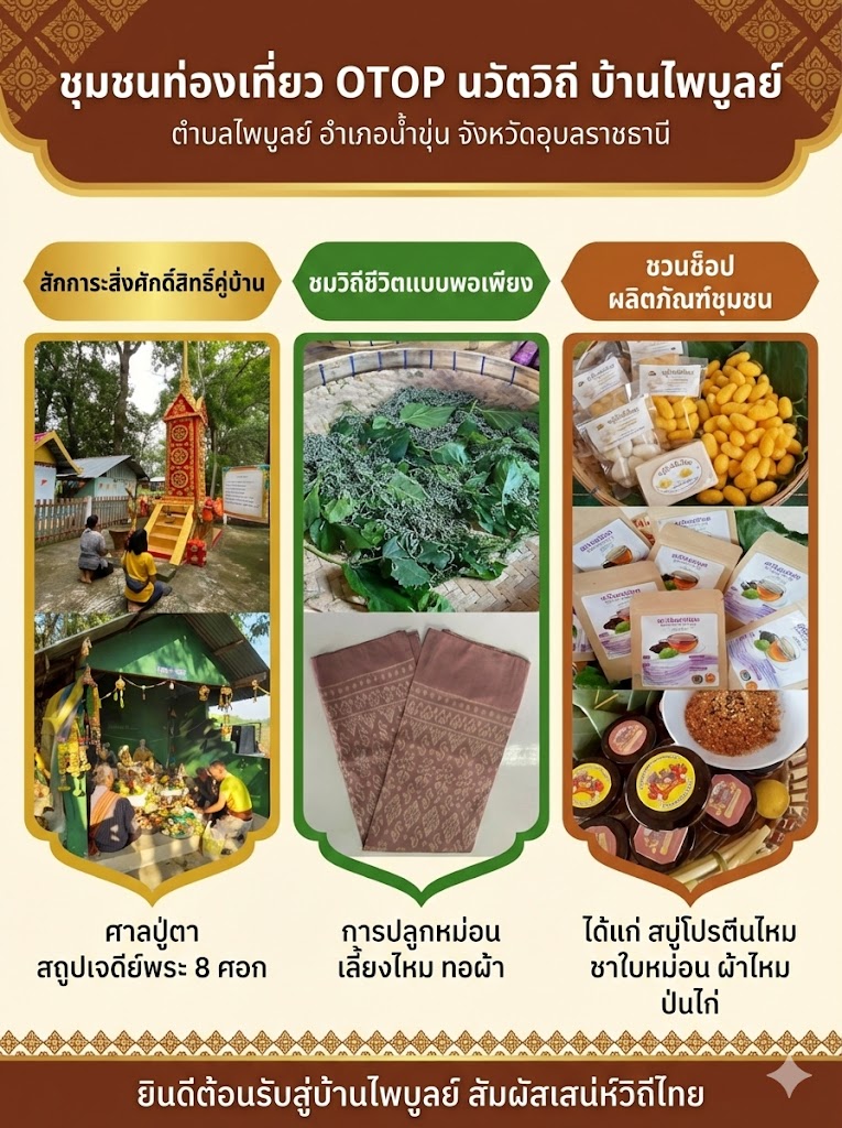 พช. น้ำขุ่น ชวนเที่ยว "บ้านไพบูลย์" ชุมชน OTOP นวัตวิถี ต้นแบบวิถีพอเพียง จ.อุบลราชธานี สัมผัสเสน่ห์ภูมิปัญญาไหม ขับเคลื่อนเศรษฐกิจฐานรากสู่ความยั่งยืน